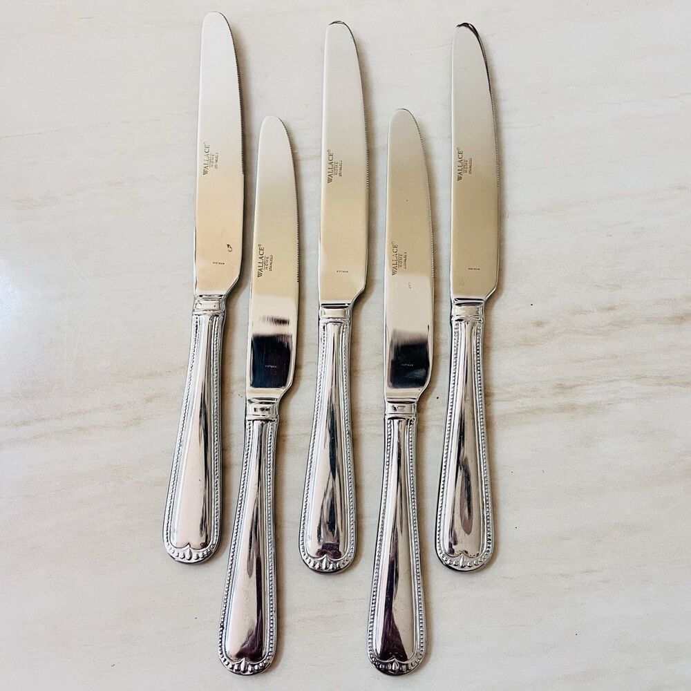5pc WALLACE Newcastle Dinner Knife 9 1/2” Stainless Glossy Bead Outline RoundTip